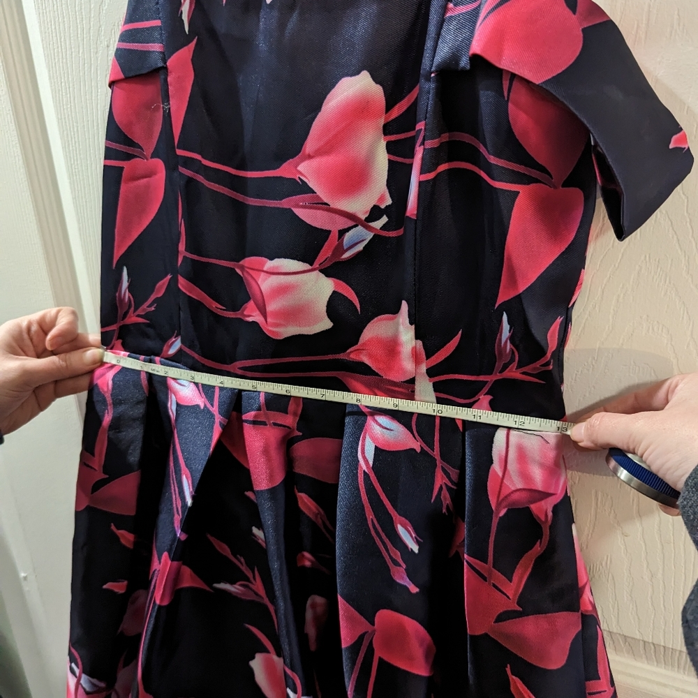 Unique Vintage Blue & Pink Floral Fit & Flare Mid Length Formal Dress - Medium - Picture 8 of 11